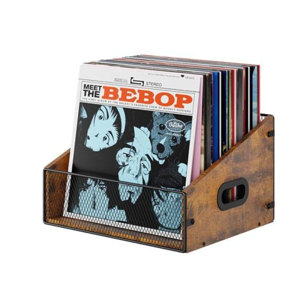 Vinyl Record Storage Crate LP Album Holder Desktop Organizer Wood Metal